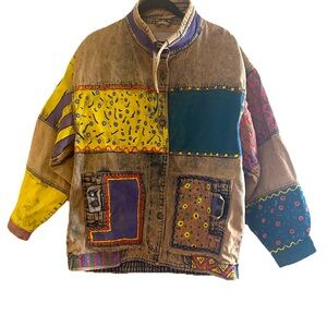Vintage hand painted 80’s patchwork acid wash color block denim jacket 16